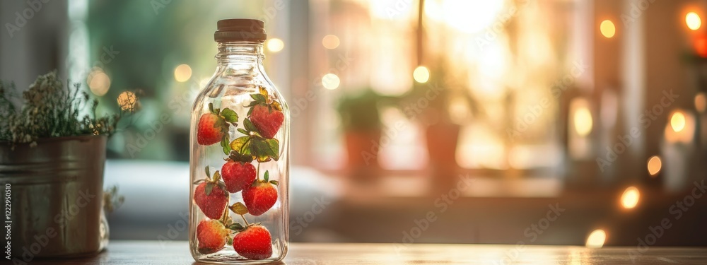Poster dried strawberry leaves in glass bottle on blurred kitchen background with warm lighting and empty s