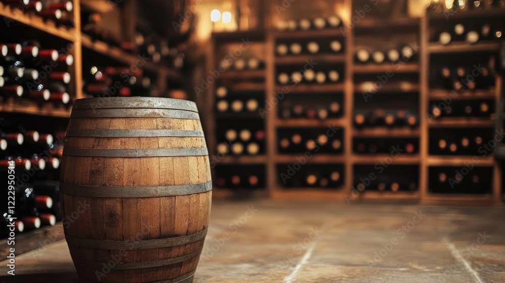 Poster Wooden barrel on rustic floor in a cozy winery with wine bottle rack illuminated creating an inviting atmosphere for text placement.