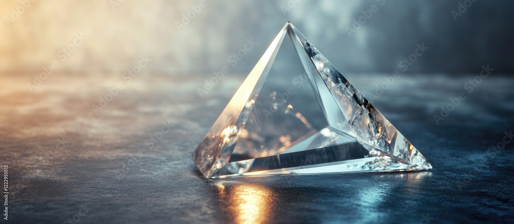Poster Triangular prism crystal on metallic surface showcasing optical properties with ample blank space for text and captivating light reflections