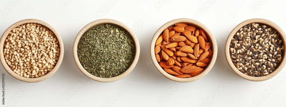 Poster Dried herbs spices and nuts in bowls on a neutral background with ample copy space for culinary or health-related text and designs