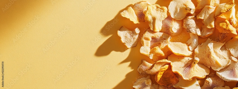 Poster Dried mushrooms arranged on a bright yellow background casting shadows with space for text or branding elements.