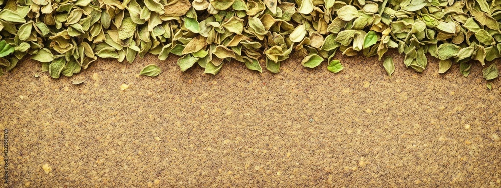 Poster Dried oregano leaves on textured surface with scattered bits creating ample space for text or culinary marketing designs