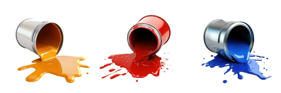Three paint cans are tipped over, spilling vibrant orange, red, and blue paint onto a surface.