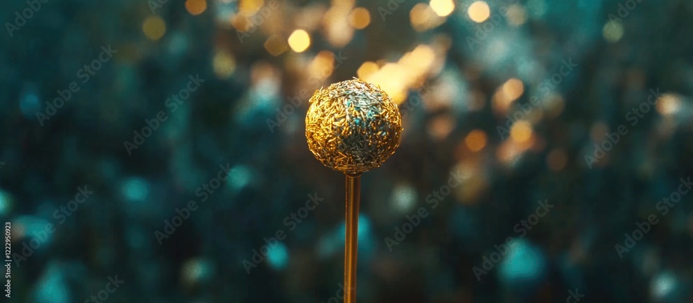Aufkleber Golden microphone in focus with blurred crowd backdrop at a music festival, providing ample empty space for customized text.
