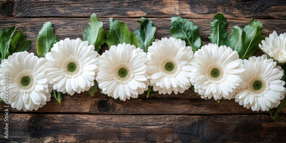 Fototapete delicate flat lay of fresh white gerbera daisies arranged on rustic wooden background with ample spa