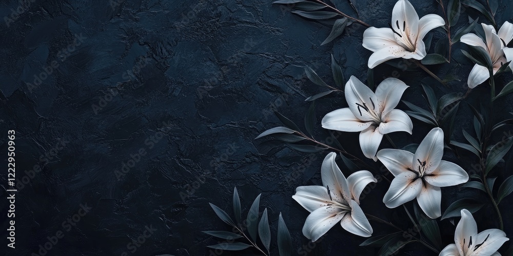 Poster elegant white lilies in a refined floral arrangement on a dark textured background offering ample sp