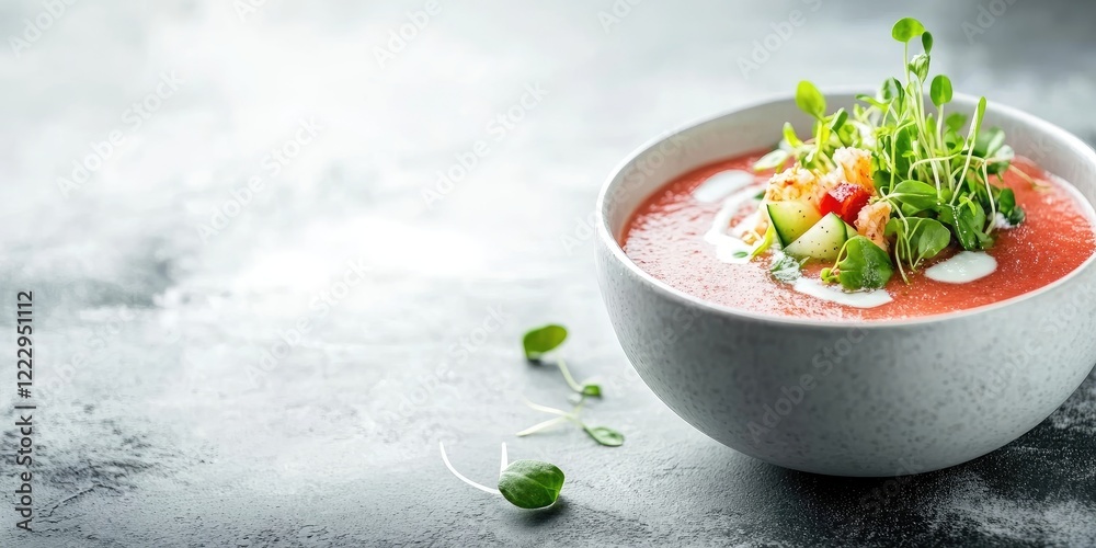 Poster refreshing gazpacho with crab salad and microgreens in a bowl surrounded by empty space for text or 