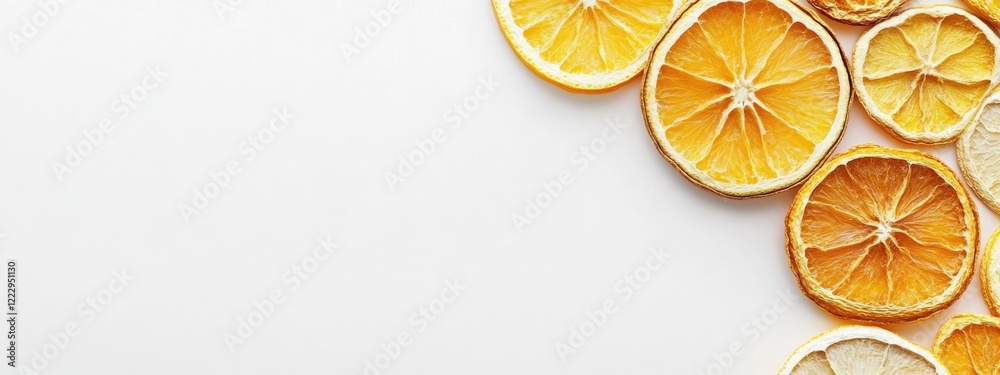 Aufkleber dried citrus fruit slices arrangement on white background with ample empty space for text or design 