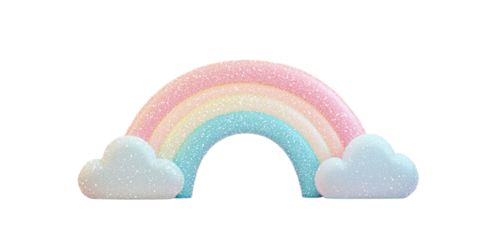 A colorful, pastel rainbow arching over two fluffy clouds, showcasing vibrant hues in a playful design.