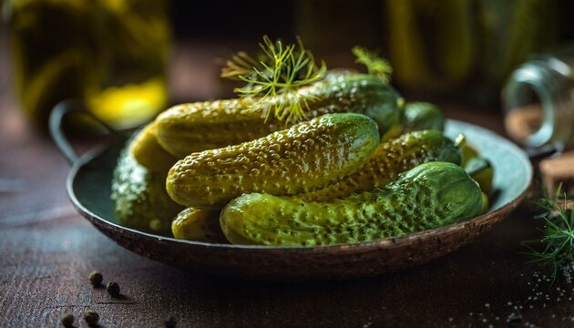 Bowl of pickles with a green pickle on top