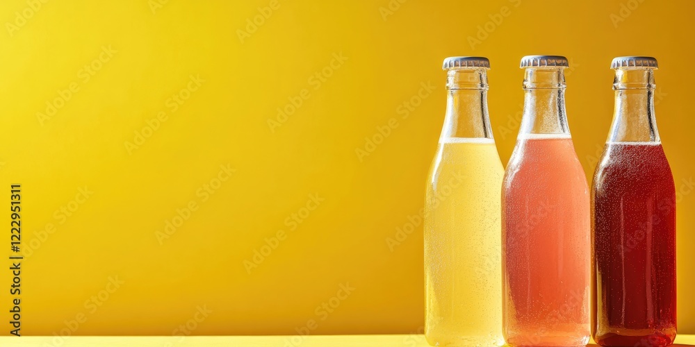 Poster stylish glass bottles of refreshing lemonade against a vibrant yellow background with copy space for