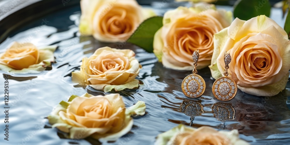 Aufkleber elegant earrings adorned with sparkling gemstones surrounded by soft pink roses floating in water on