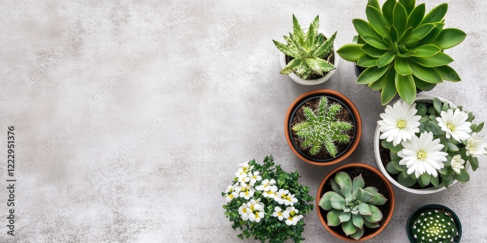 Leinwandbilder elegant flat lay of various potted plants and white flowers on a textured background with ample empt