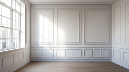 Cozy living room interior featuring white paneled walls and farmhouse design with ample empty space for text or promotions.