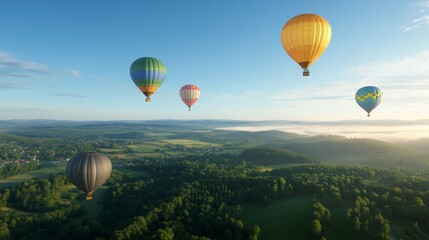 Naklejka premium Dawn of Discovery: Vibrant Hot Air Balloon Festival Ascending into Tranquil Valley Skies