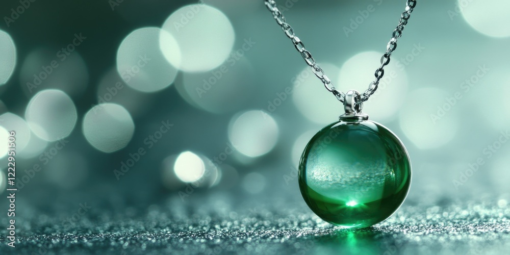 Poster Elegant emerald green glass pendant on a delicate chain with soft bokeh background and ample copy space for captivating text placement.