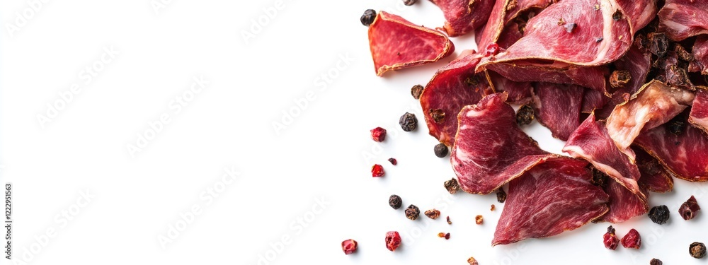 Poster dried beef delicatessen slices arranged on a white background with scattered pepper for culinary or 