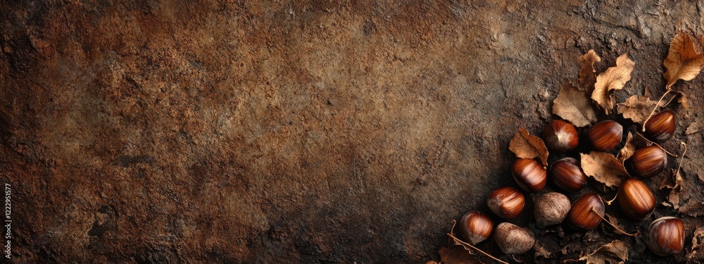 Poster Dried chestnuts scattered on a textured background with ample empty space for creative text placement and design elements.