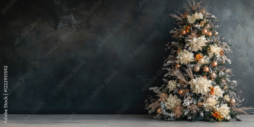 Fototapete elegant faux christmas tree adorned with custom ornaments and shimmering ribbon against a dark textu