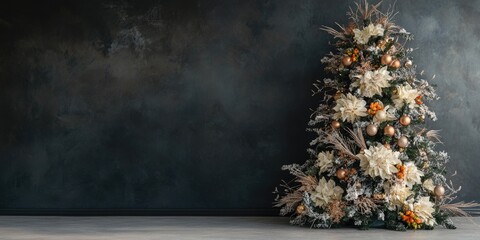 Elegant faux Christmas tree adorned with custom ornaments and shimmering ribbon against a dark textured background with space for text
