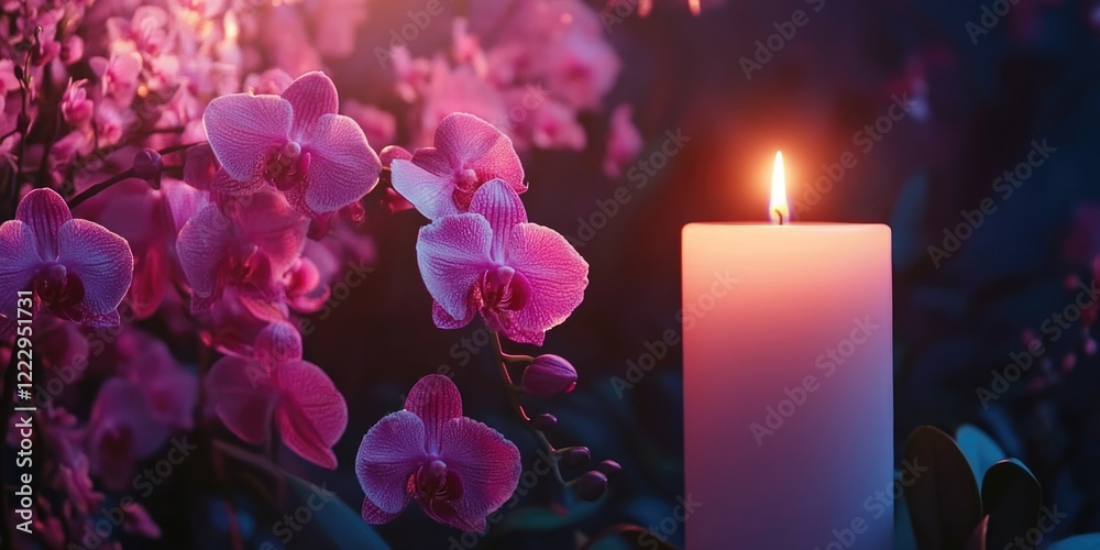 Aufkleber Elegant pink orchids and glowing candle in soft lighting with ample space for text in a serene and tranquil setting