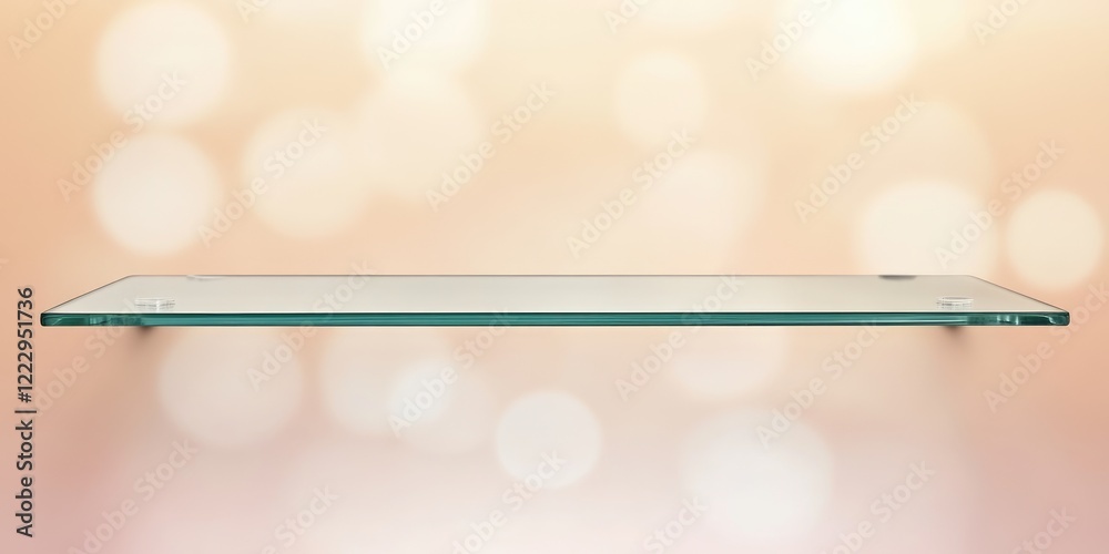 Poster Elegant glass shelf with vertical texture and soft bokeh background creating space for branding or text placement in modern interiors