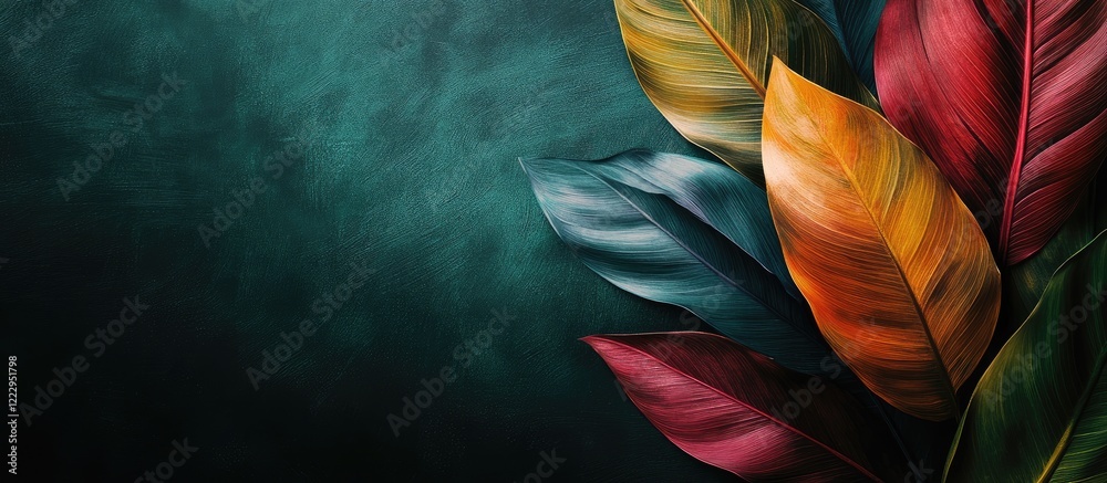 Poster Colorful abstract leaf design with soft outlines on dark green background ideal for creative projects and advertising copy space.