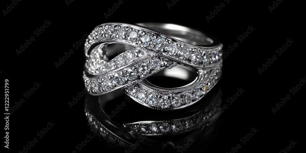 Poster Luxurious elegant diamond ring with intricate design and reflective surfaces showcasing beauty and style against a black background