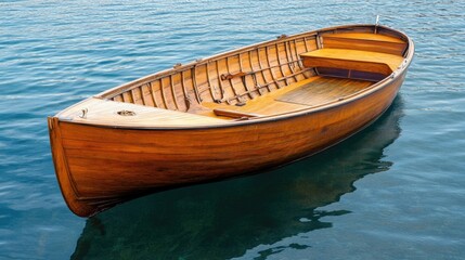 Obraz premium Vintage wooden sailboat with intricate craftsmanship on calm waters showcasing nautical themes and ample space for text placement