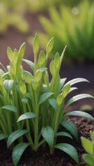 Obraz premium Smooth Green Plants with New Growth in Dark Soil