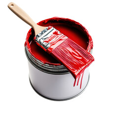 A paintbrush resting on a can of vibrant red paint, with drips of paint cascading down the side.