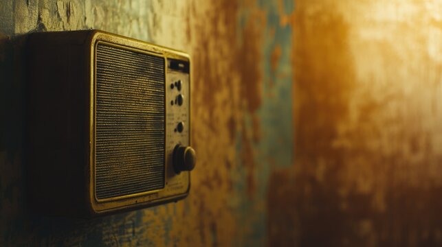 Vintage radio on textured wall exuding nostalgia with warm tones and ample space for text ideal for retro themes and promotional materials