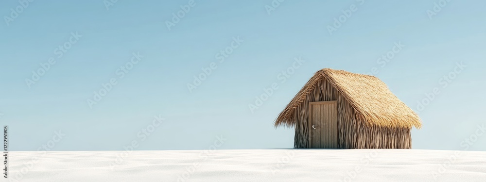 Aufkleber tropical deserted beach with minimalist driftwood grass hut and vast empty space for text or design 