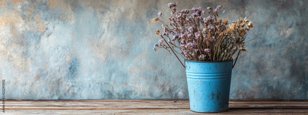 Poster dried flowers in a blue bucket on a wooden table against a textured background with ample space for 