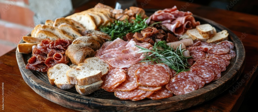 Poster Assorted gourmet meats and fresh bread on a rustic wooden platter in a warm atmosphere with vibrant textures and ample empty space for text