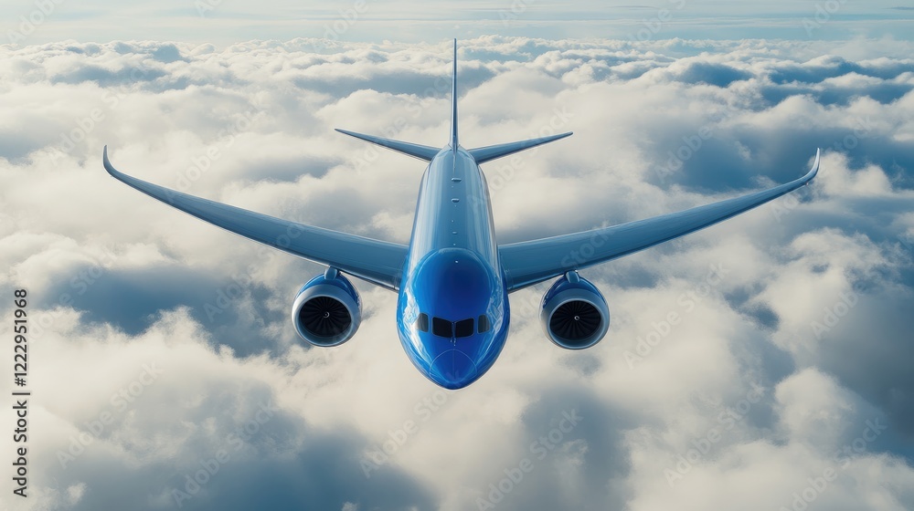 Leinwandbilder blue passenger jet soaring above fluffy white clouds in a clear sky with ample empty space for text 