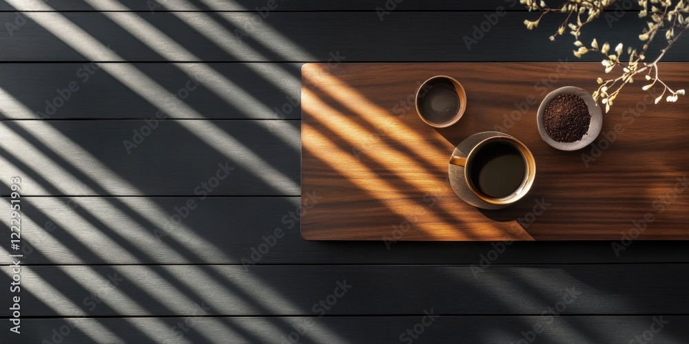 Aufkleber Elegant espresso coffee presentation on a wooden table with shadows creating a chic atmosphere and ample space for text or branding.