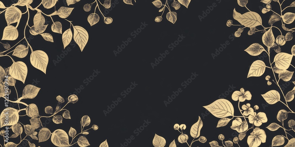 Poster elegant floral background with golden leaves and flowers on dark canvas ideal for text insertion and