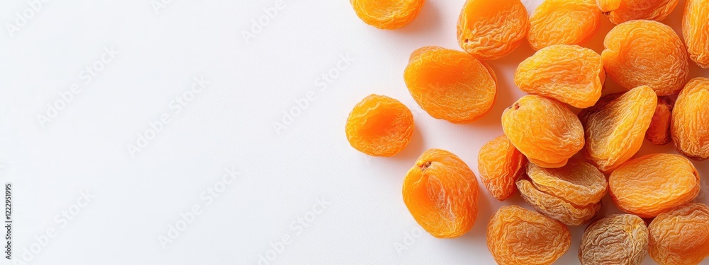 Poster Dried apricots arranged on a white background with ample copy space for text or product placement advertising purposes