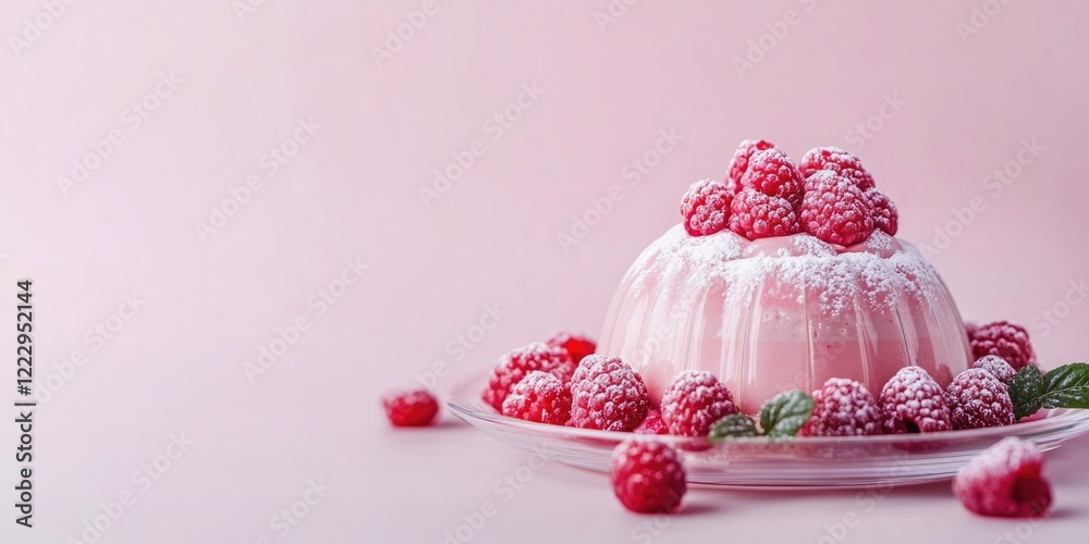 Poster elegant dome dessert garnished with fresh raspberries on a pink background with ample space for text
