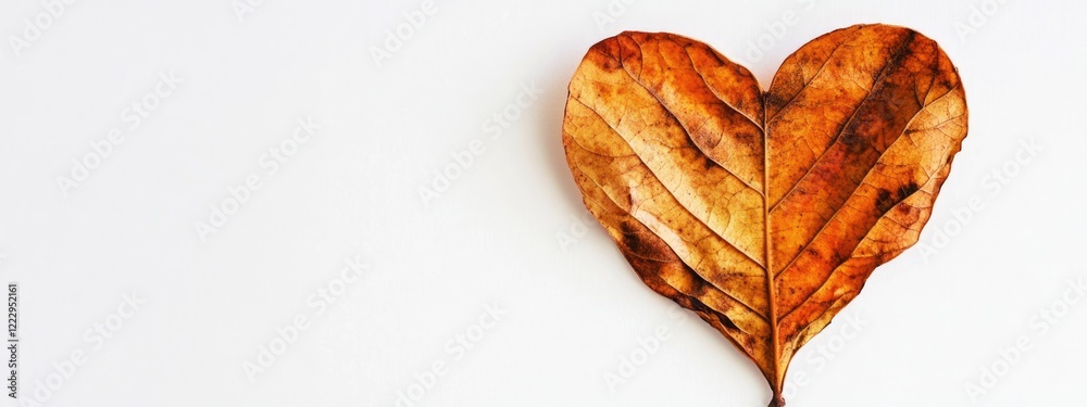 Poster Dried Heart-Shaped Leaf on White Background with Copy Space for Text and Design Elements