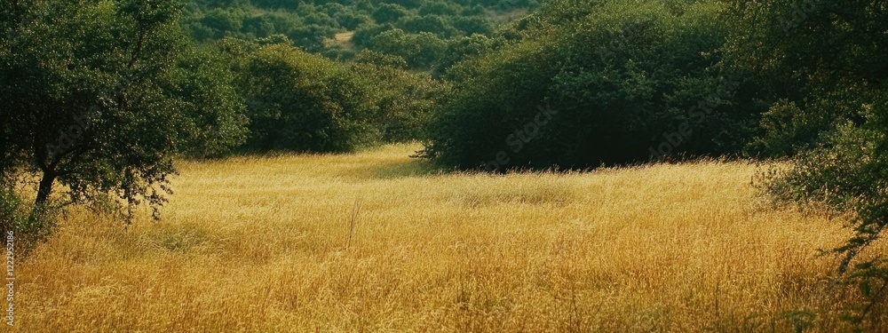 Aufkleber dry grass and green forest scenic wildlife landscape with open space for text and nature background