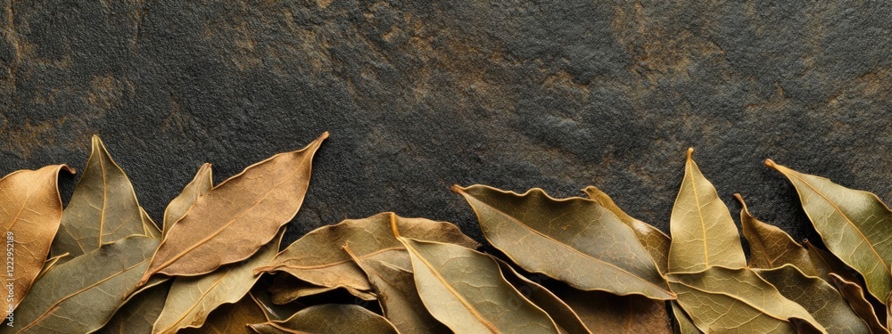 Poster Dried Bay Leaves Arrange on Dark Surface with Empty Space for Text and Cooking Related Design Elements