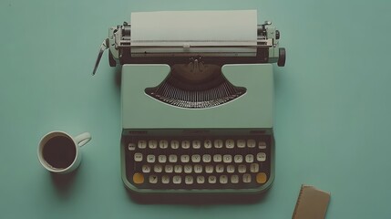 Vintage typewriter on teal surface, retro writing tool with coffee cup, ideal for creative projects or artistic expression.