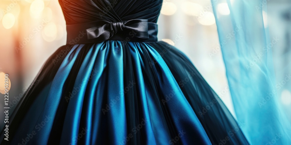 Poster Sophisticated evening gown displayed in high-end boutique with elegant fabric details and ample empty space for promotional text or ads
