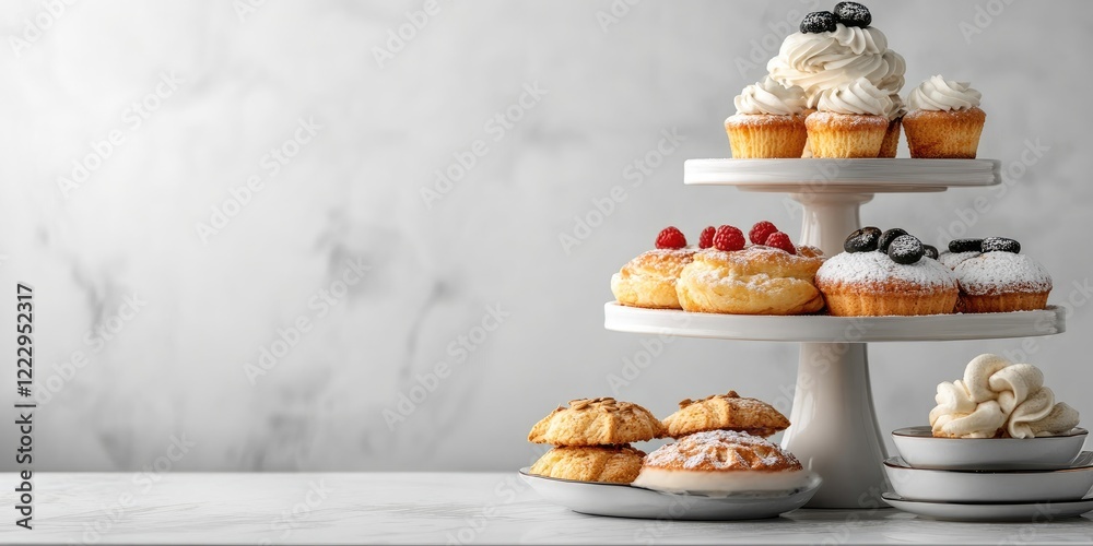 Poster Elegant Dessert Display Featuring Assorted Pastries on Cake Stand with Creamy Toppings and Blank Space for Text Placement and Advertising