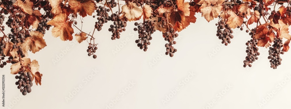 Poster Dried grape clusters on vine with autumn leaves against blank background perfect for text placement or wine-related themes