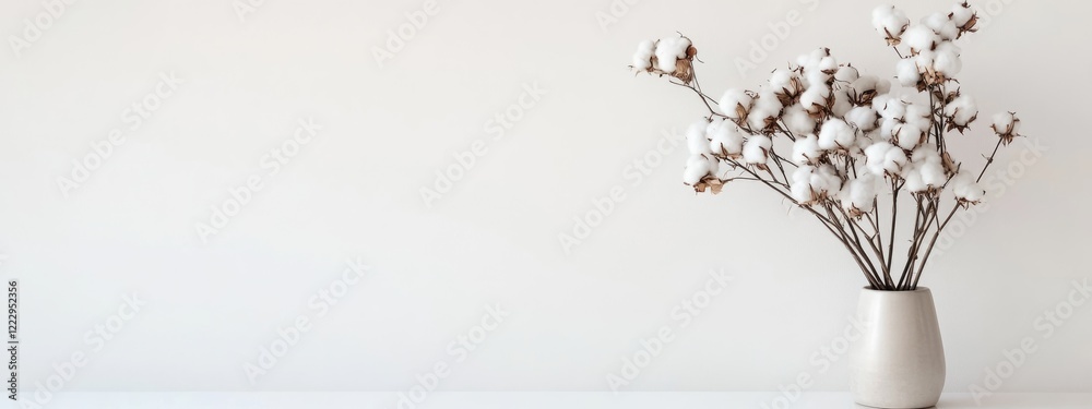 Poster Dried cotton branch arrangement in minimalist vase with neutral background and ample space for text copy or design elements