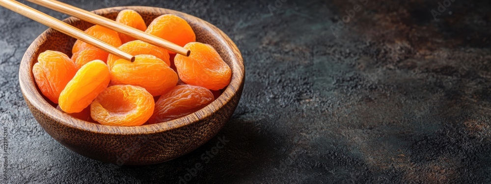 Poster Dried apricots in a wooden bowl with chopsticks on a dark background featuring ample empty space for text and design elements