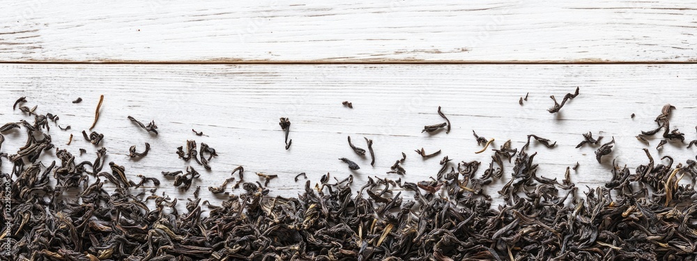 Poster Dried tea leaves scattered on a white wooden surface with ample empty space for text or design elements above